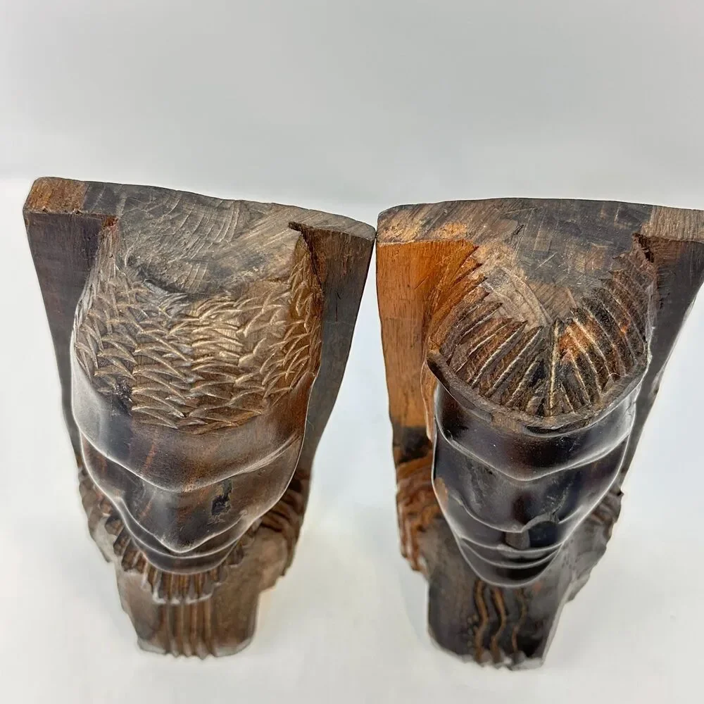 Vintage African Ironwood Bookends Hand Carved Wood Tribal Head Bust Male Female